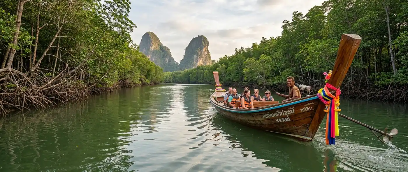 Longtail boat on a calm mangrove river with limestone karst peaks in Krabi, Thailand
