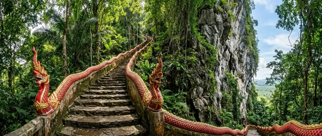 Steep staircase with red and gold serpent handrails climbing beside a limestone cliff through jungle, like the Tiger Cave Temple stairs