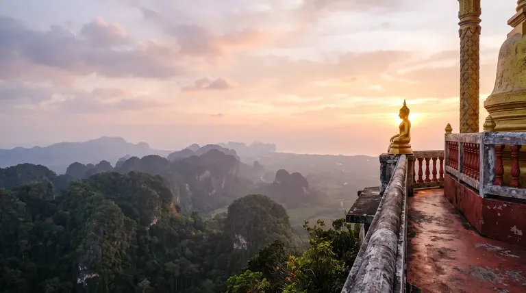 Sunset view over Krabi's limestone karst hills from the Tiger Cave Temple summit terrace with a golden Buddha statue
